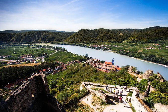 The Danube and its vineyards from the Dürnstein castle ruin, the blue tower below