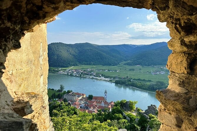 Dürnstein and the Danube framed by a window in the castle ruin above the town